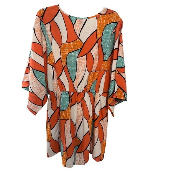 Boho Abstract Print V Neck Tie Waist‎ Kimono Sleeve Romper Women's - Picture 3 of 3